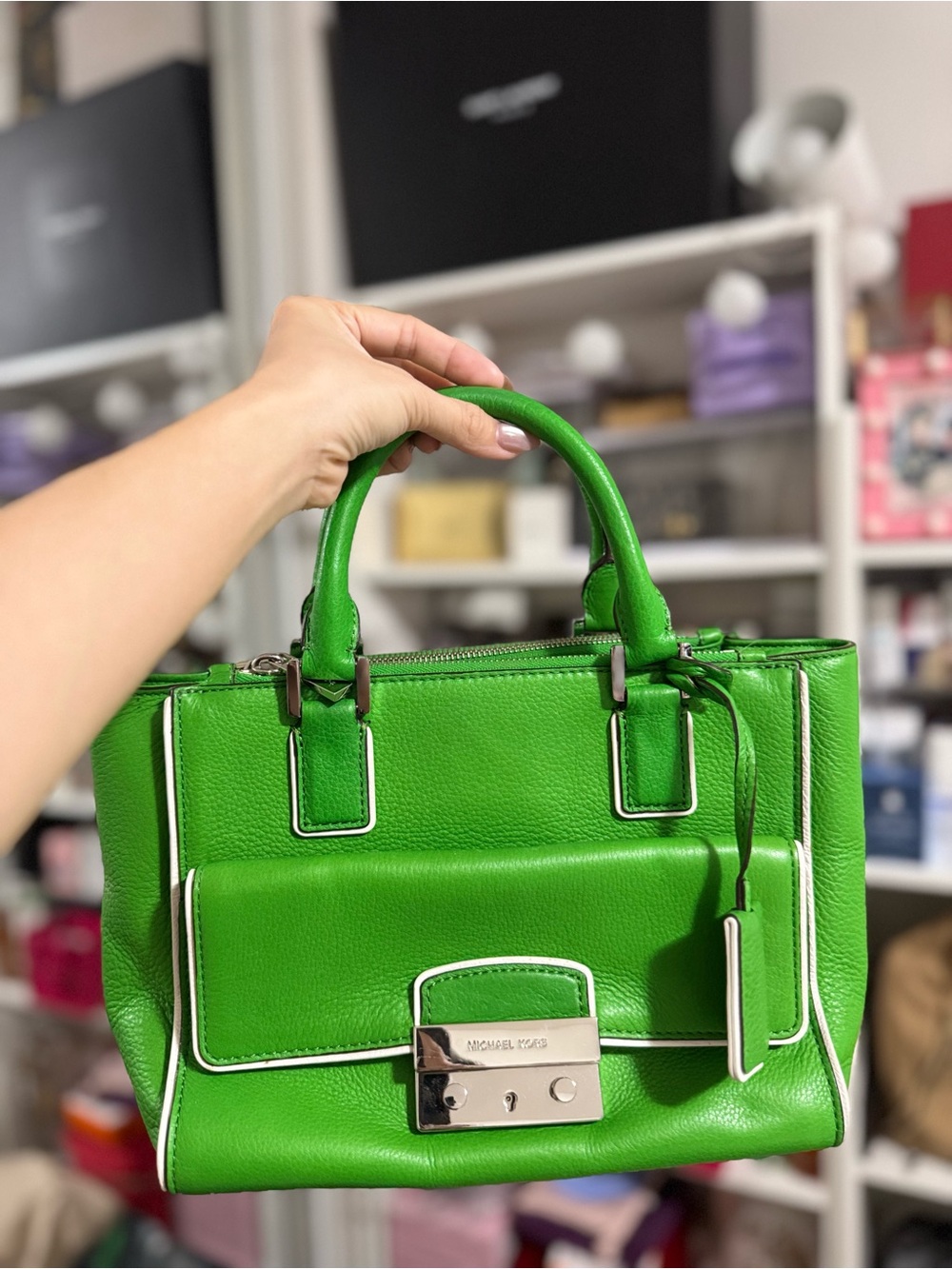 Michael Kors Bright Green Leather Top-Handle Satchel with Crossbody strap